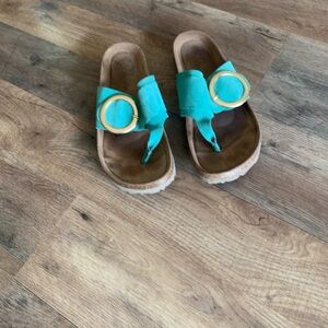 Yokona Teal Leather Sandals with Gold Buckle Made in Spain Sz 8/8.5